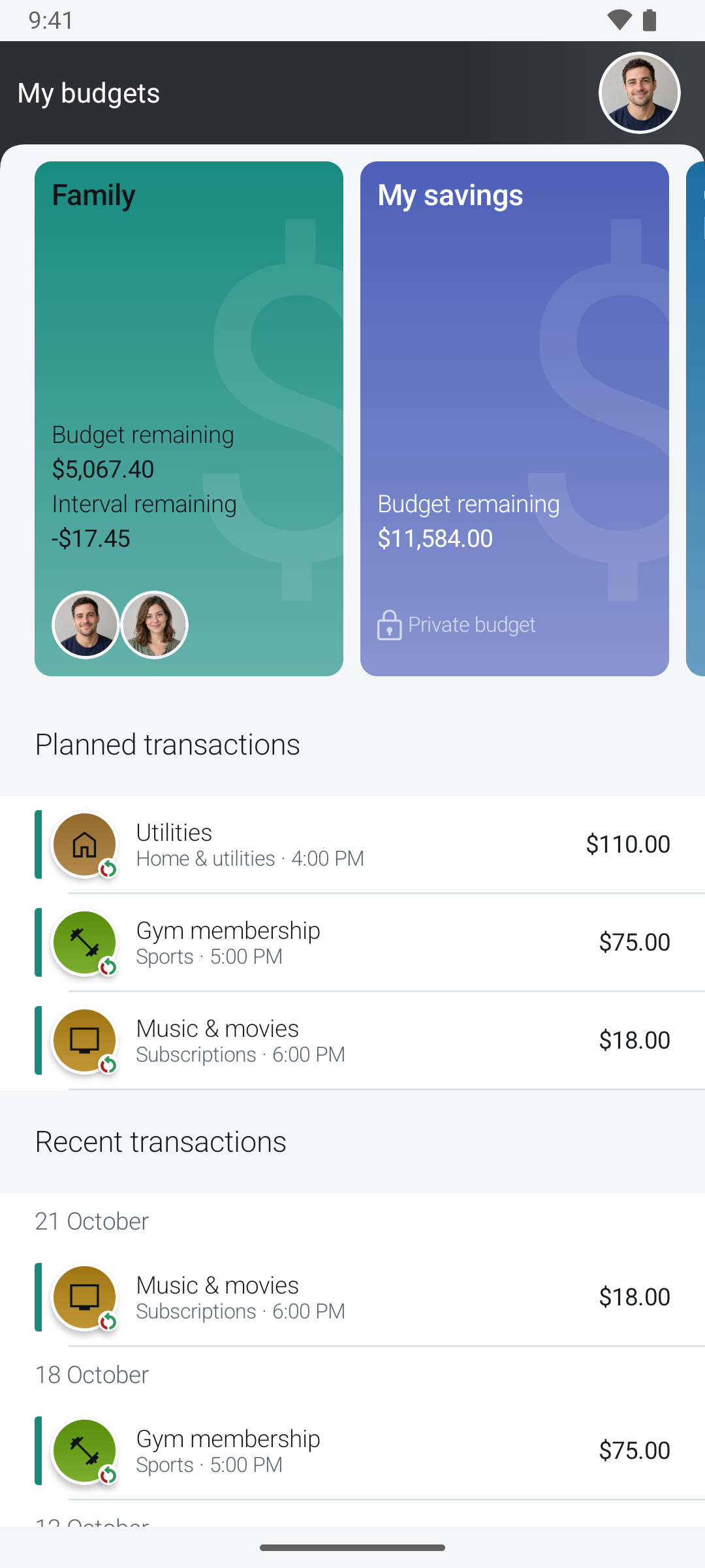 CashCurator Android screenshot: Family and My savings budget cards, remaining balances and planned transactions.