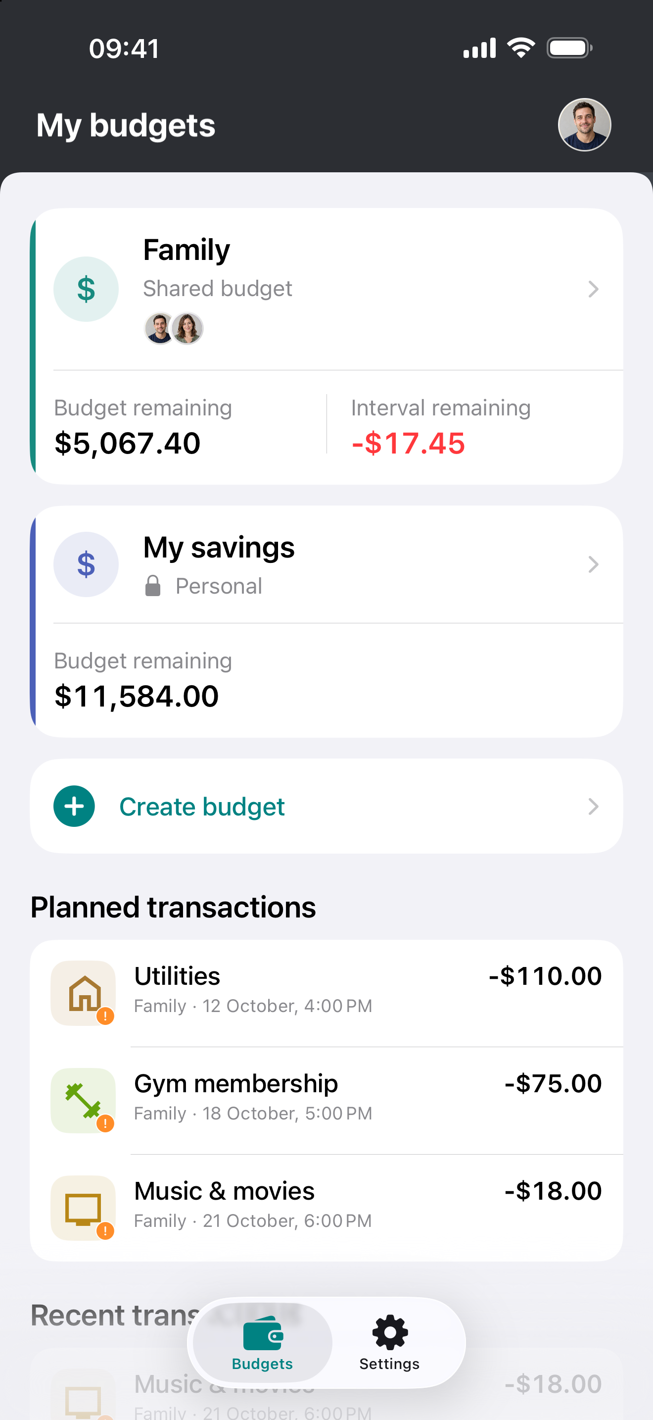 CashCurator iOS screenshot: Family and My savings budgets, remaining balances and planned transactions.